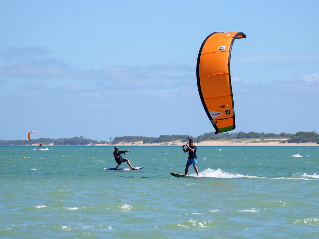kiteboarding training on a calm day with large kite