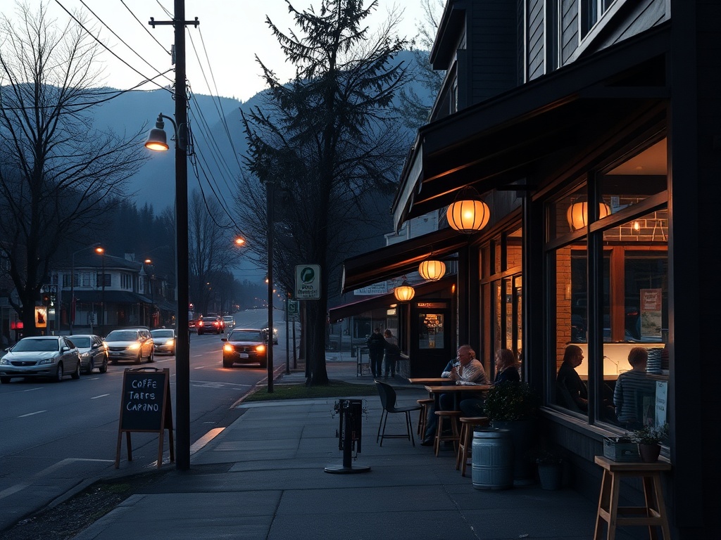 quiet morning Nelson BC street coffee shop mountains soft light