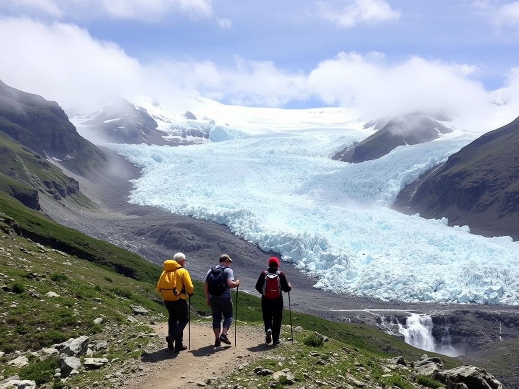 Hikers walking on a trail surrounded by glaciers and waterfalls.