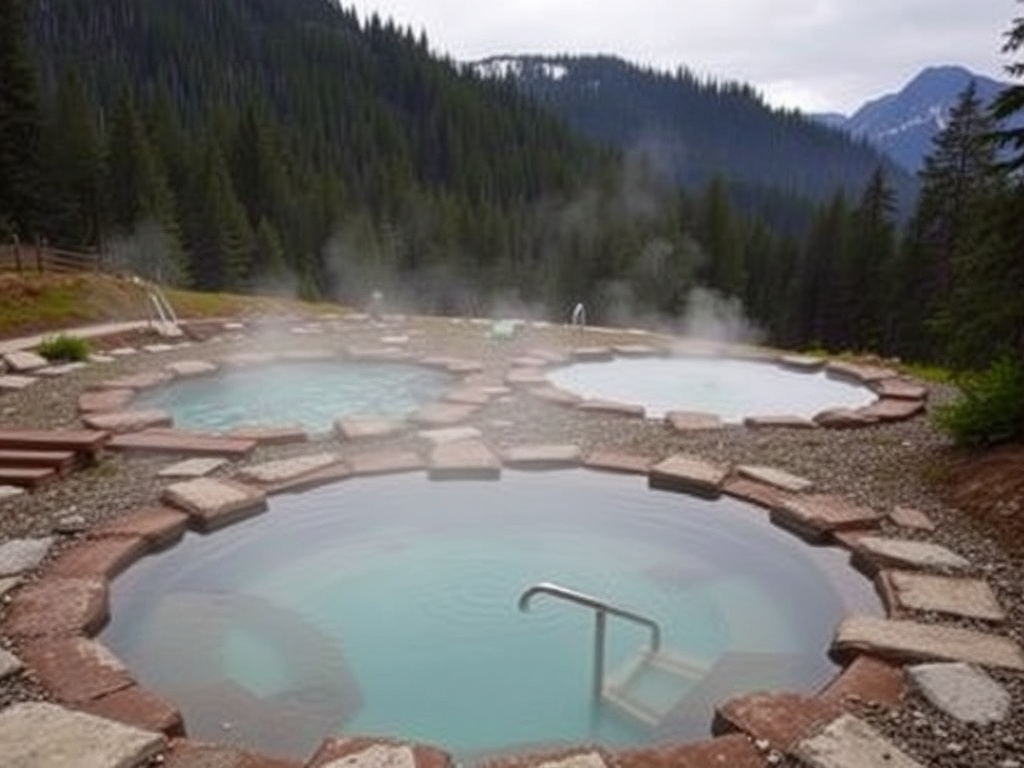 Hot springs at Nakusp with surrounding forest and mountains.