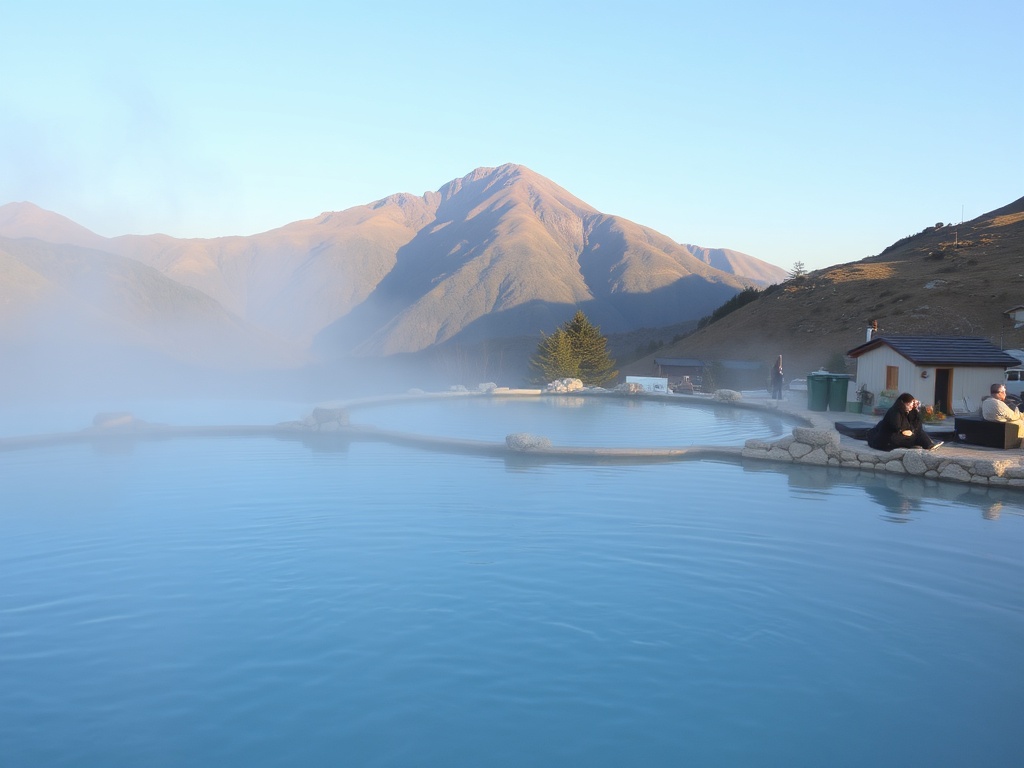 Thermal hot spring waters with mountain backdrop.