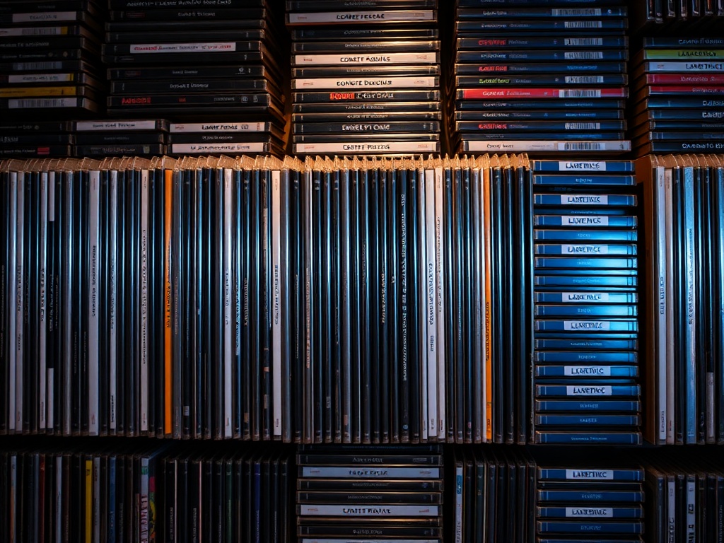 a wall of neatly organized laserdisc covers stored vertically in protective sleeves, soft ambient lighting, retro aesthetic