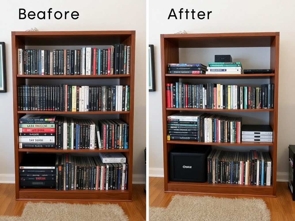 before and after laserdisc shelf transformation showing improved organization and spacing