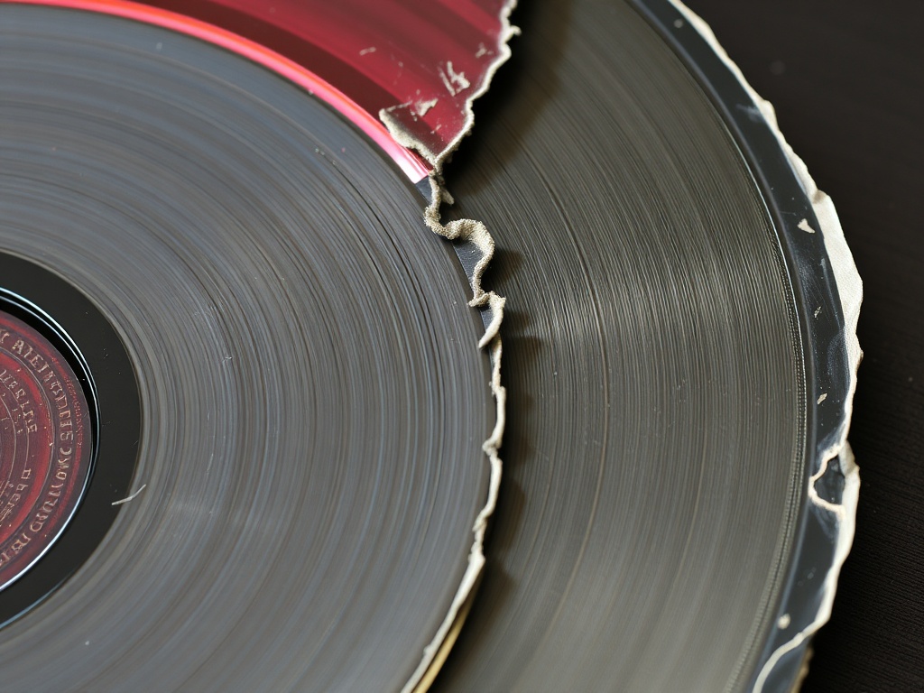 close up of warped laserdisc and damaged sleeve edges showing wear, comparison with pristine condition