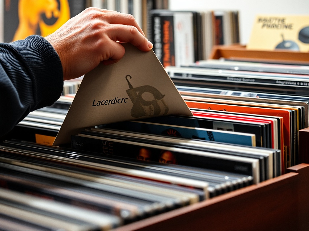 collector browsing pristine laserdisc collection flipping through sleeves, close up detail of sharp corners and glossy covers