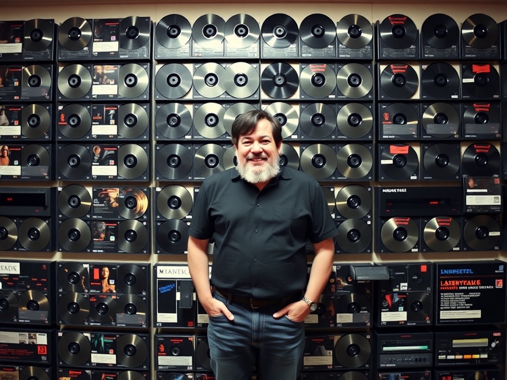 confident collector standing in front of perfectly organized laserdisc wall, proud and minimal aesthetic