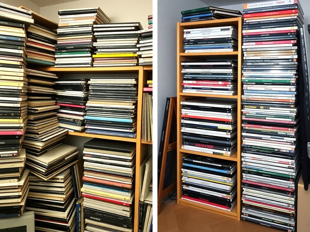 messy laserdisc storage with stacked discs and leaning shelves contrasted with neat vertical storage