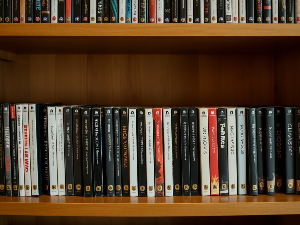 perfectly organized laserdisc shelf with even spacing, bookends, and clean alignment, cinematic lighting