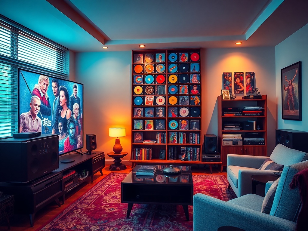 stylish retro media room with laserdisc collection displayed vertically like art, warm lighting and mid century furniture