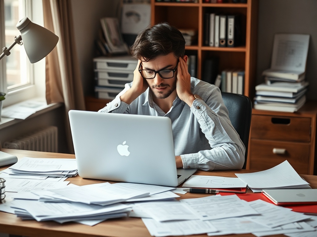a person sitting at a desk looking overwhelmed by work with a laptop and papers scattered around