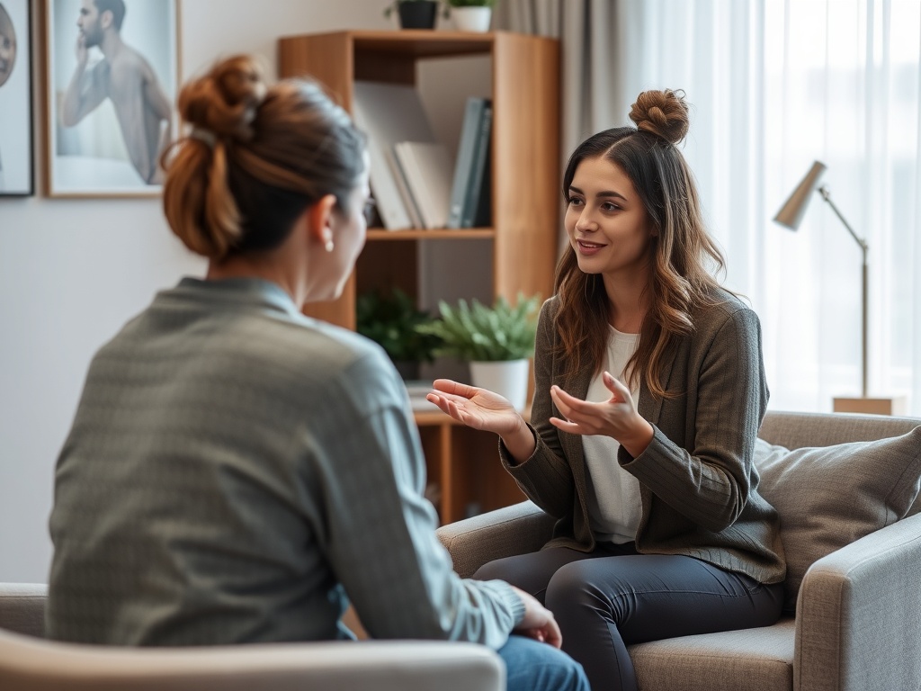 person speaking with a therapist in a comfortable office setting