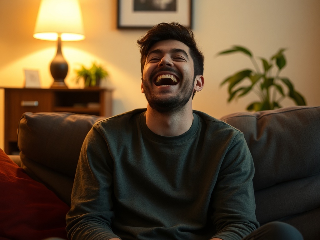 a candid moment of someone laughing unexpectedly alone in a cozy living room, warm lighting, relaxed atmosphere, natural expression