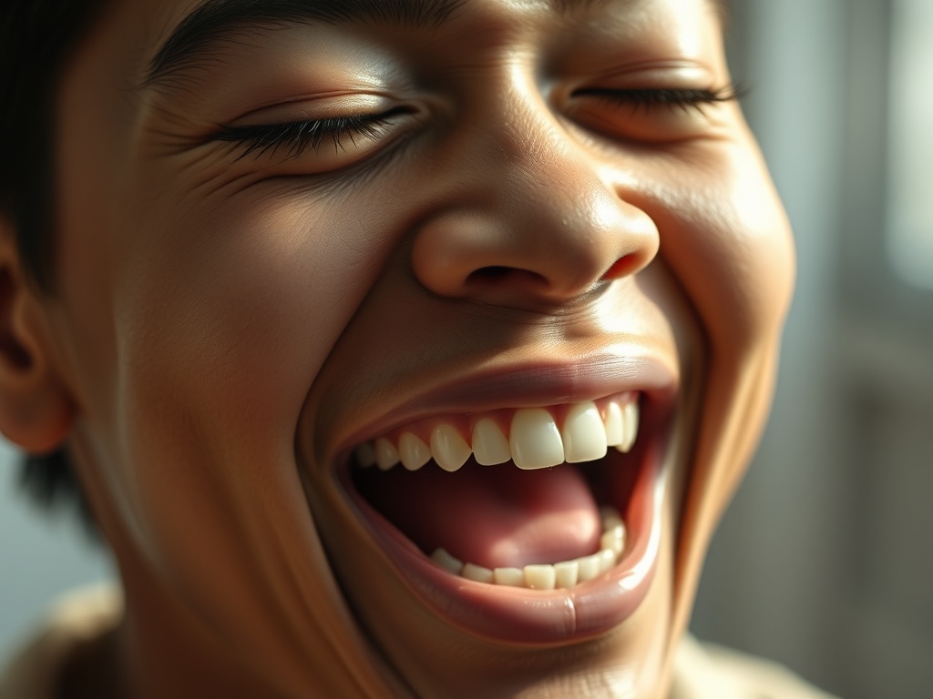 close-up of a person mid-laugh, eyes slightly closed, authentic expression, soft daylight, emotional relief captured