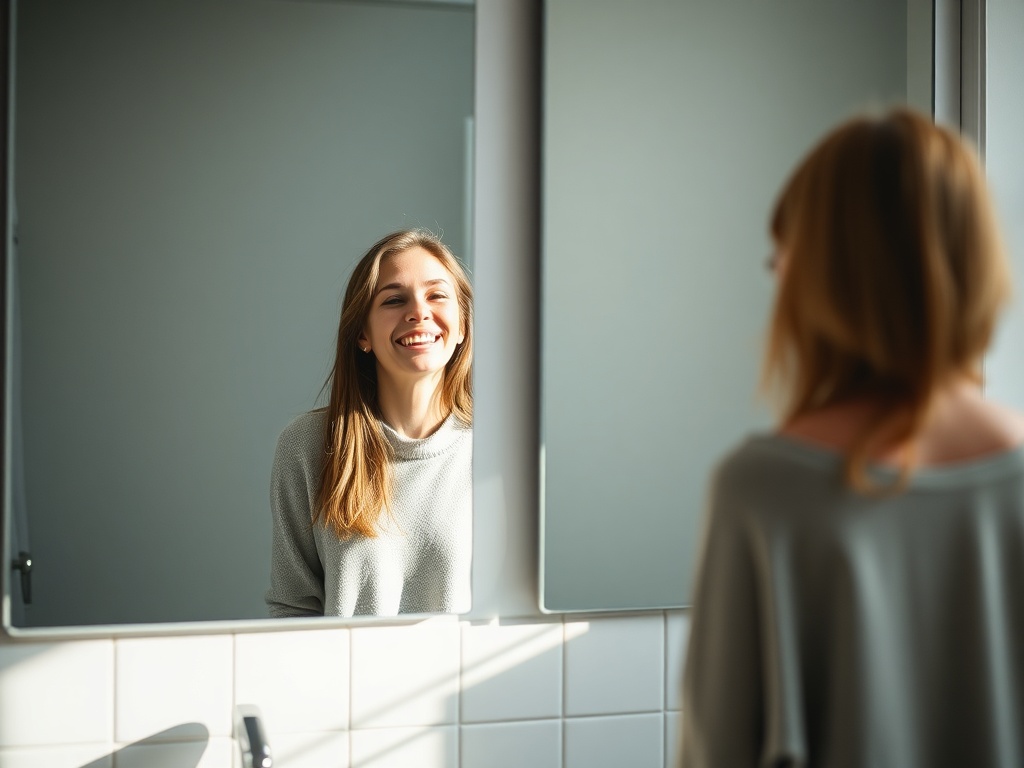 morning routine scene, person standing by bathroom mirror smiling and laughing gently, natural light, quiet calm mood