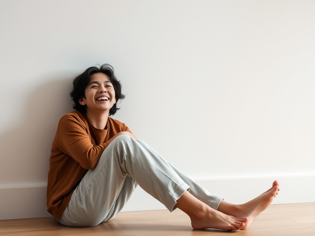 person sitting on the floor laughing lightly, slightly awkward but genuine, minimal modern interior, calm colors