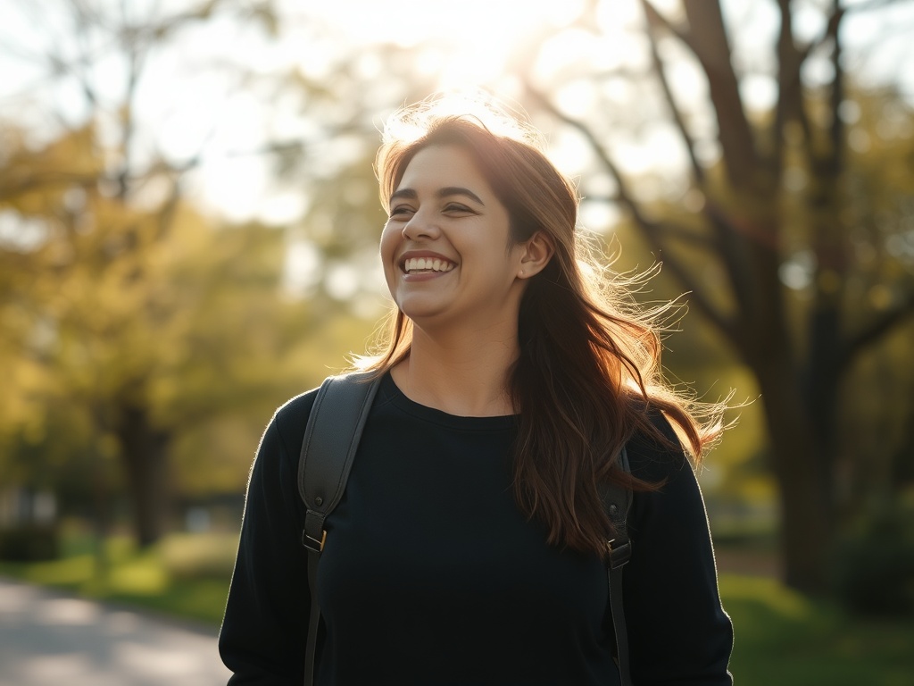 person walking outside smiling softly after a moment of laughter, sunlight filtering through trees, peaceful mood