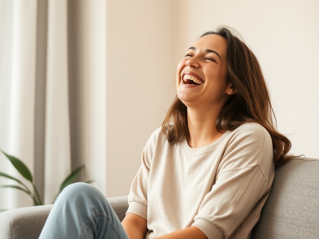 playful moment of someone laughing at themselves, lighthearted expression, relaxed environment, soft natural tones