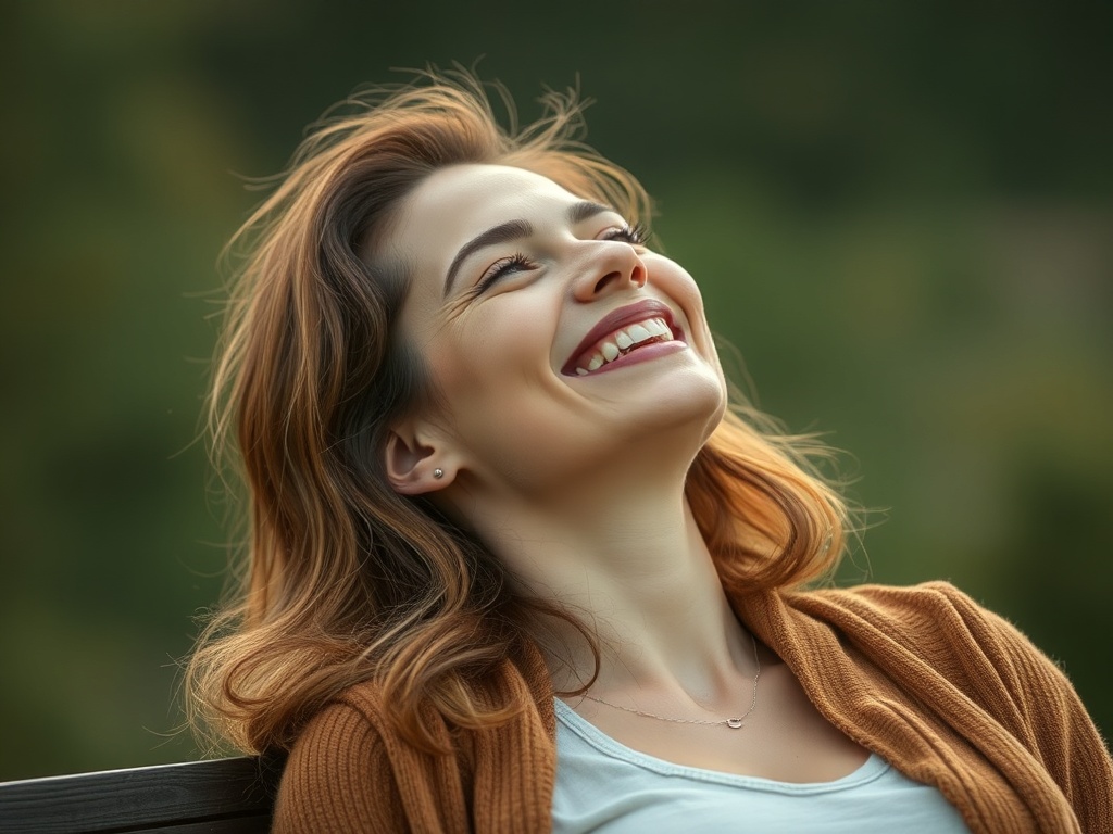 soft focus image of someone relaxing after laughter, leaning back with a small smile, calm peaceful setting