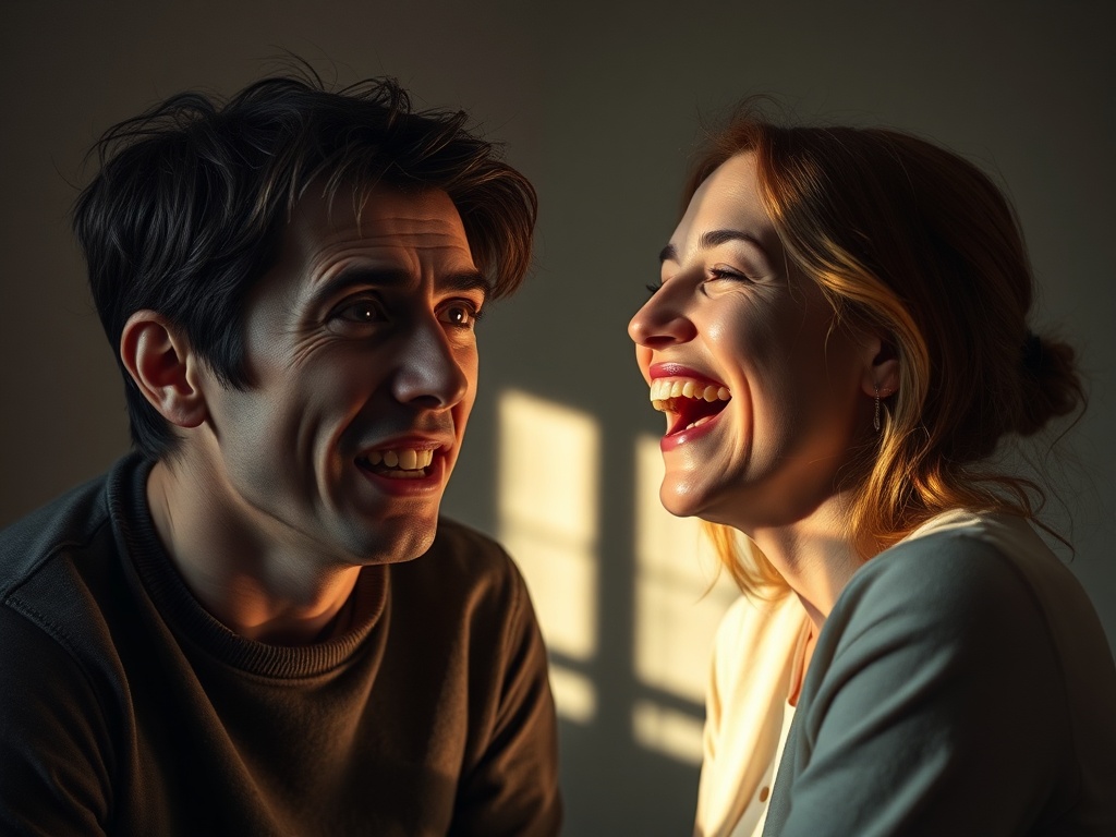 split mood visual, one side tense and stressed, the other side relaxed after laughter, soft contrast lighting