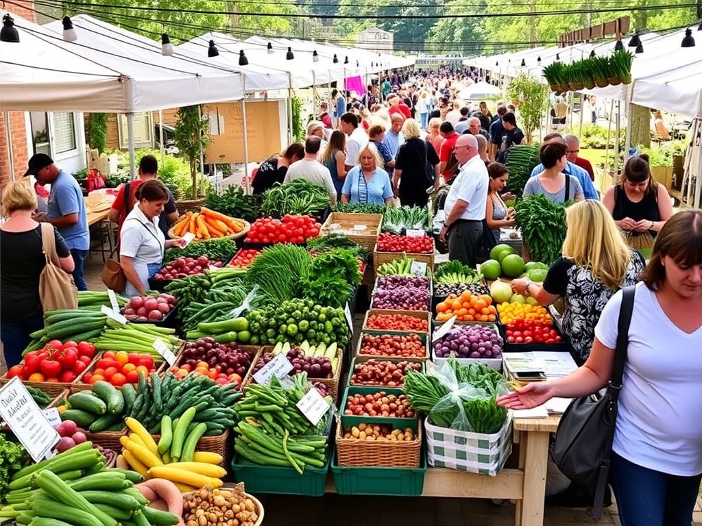 A bustling farmers market with fresh produce, handmade goods, and a vibrant crowd of shoppers.