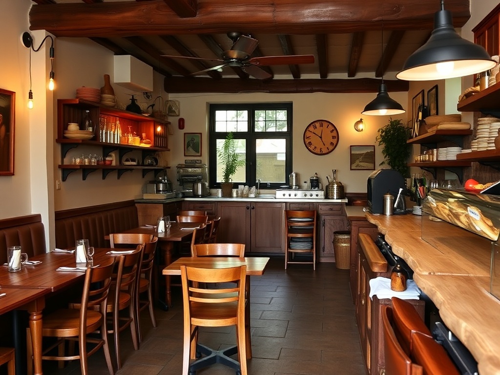 A cozy, rustic Italian restaurant with wooden tables and freshly baked bread on the counter.