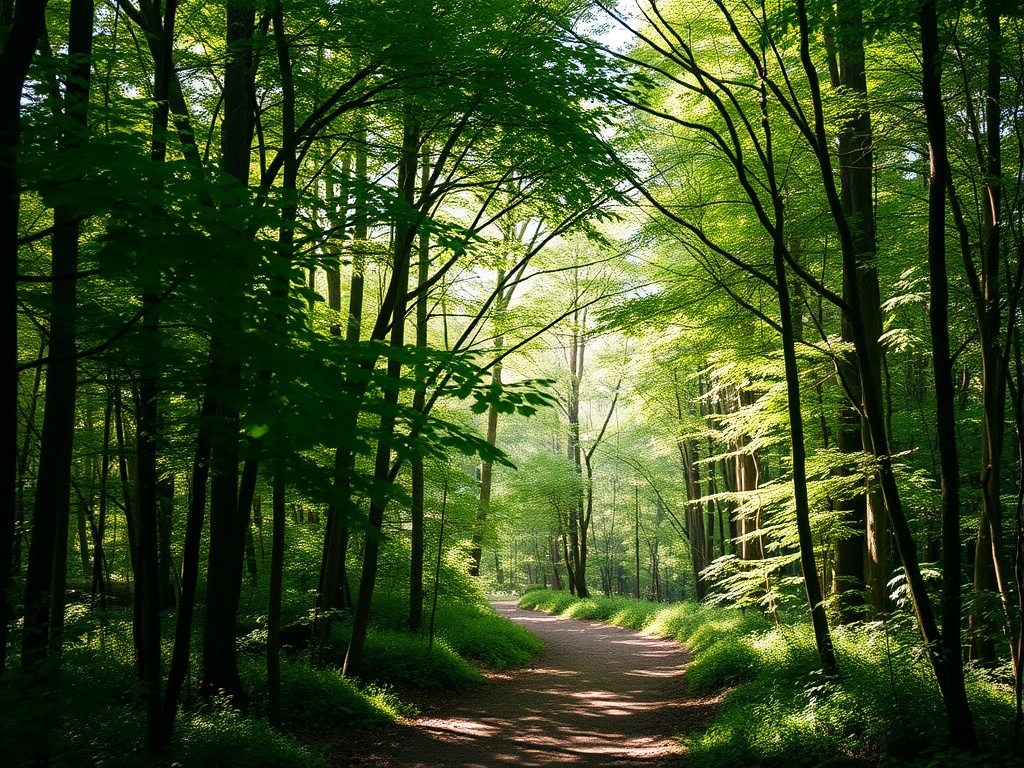 A dense, serene forest trail with soft sunlight filtering through the trees.
