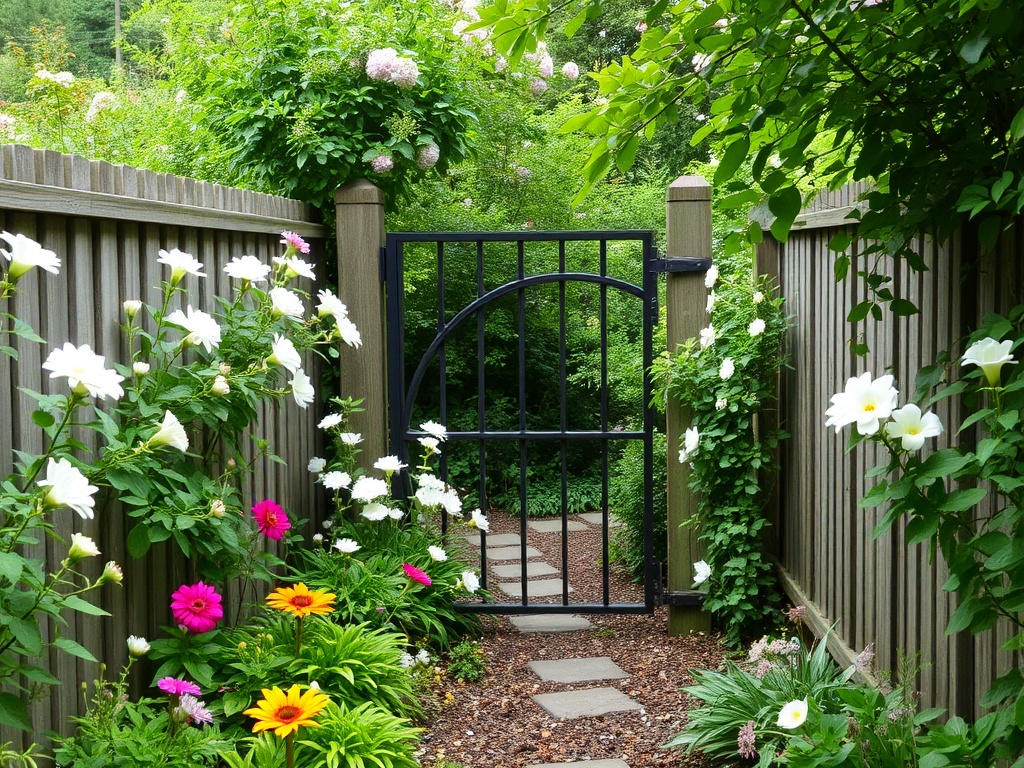 A hidden garden with blooming flowers, surrounded by wooden fences and an old-fashioned wrought iron gate.