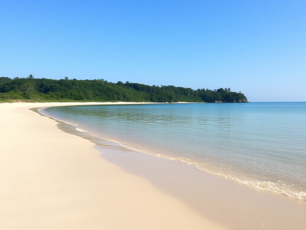 A secluded beach with calm waters, soft sand, and distant views of lush green trees.