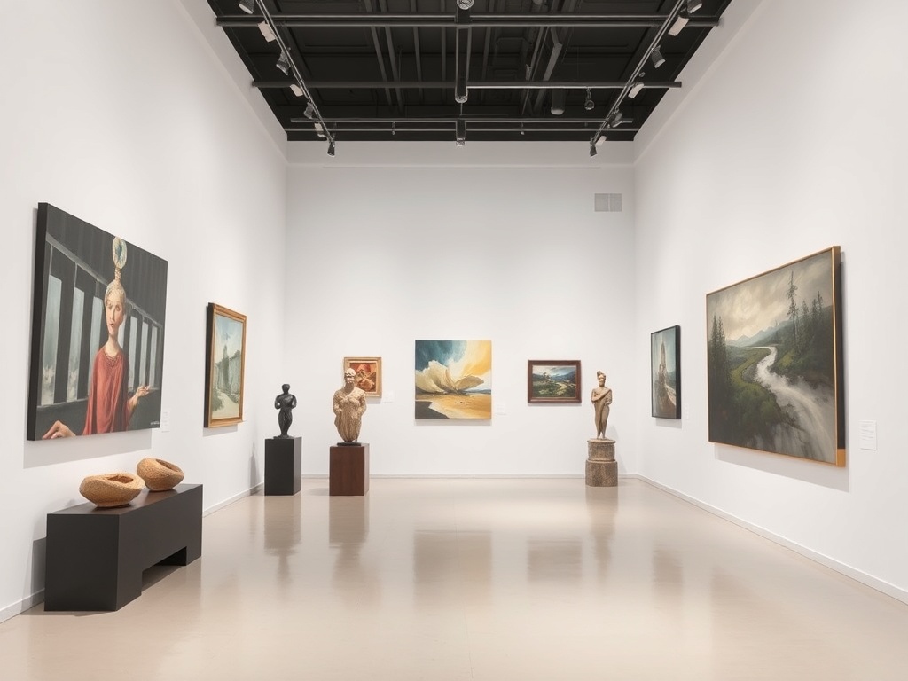 An art gallery with contemporary paintings and sculptures displayed on clean white walls.