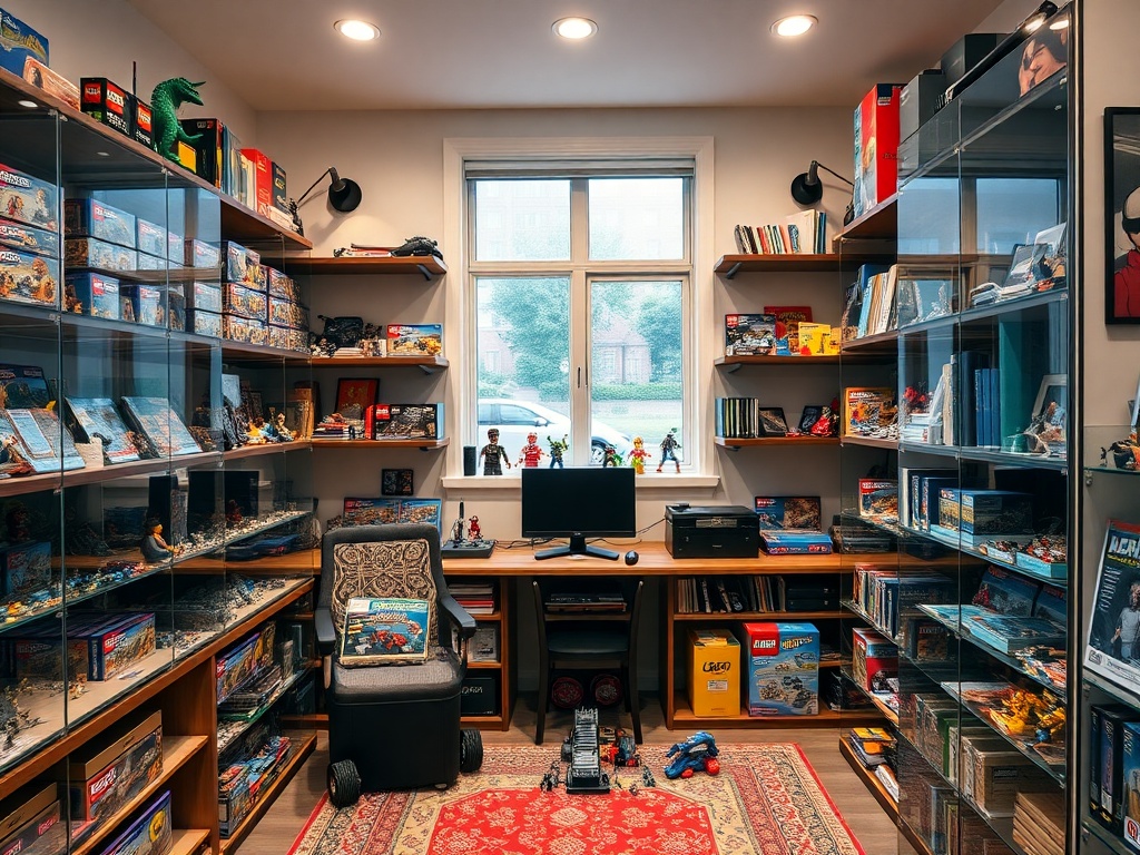 a stylish LEGO collector room with shelves, glass cases, and neatly organized sets separated into display and storage sections