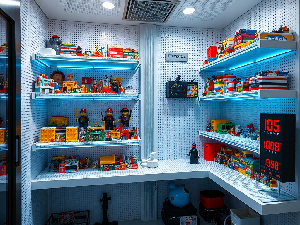 climate-controlled room with LEGO shelves, thermometer and humidity monitor visible