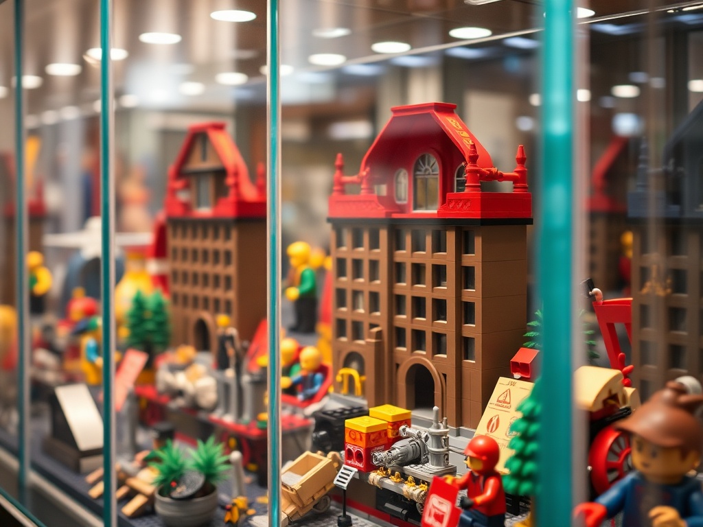 close-up of LEGO sets inside clear acrylic display cases, dust-free and well lit