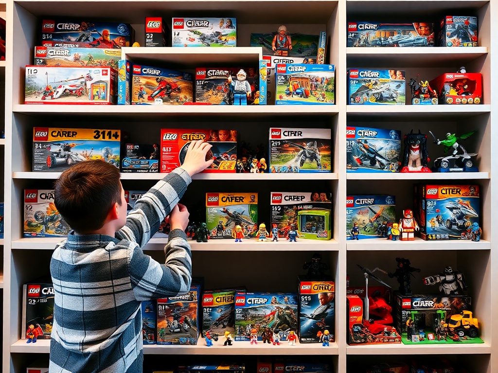 LEGO collector rearranging display shelves with different sets rotated into view