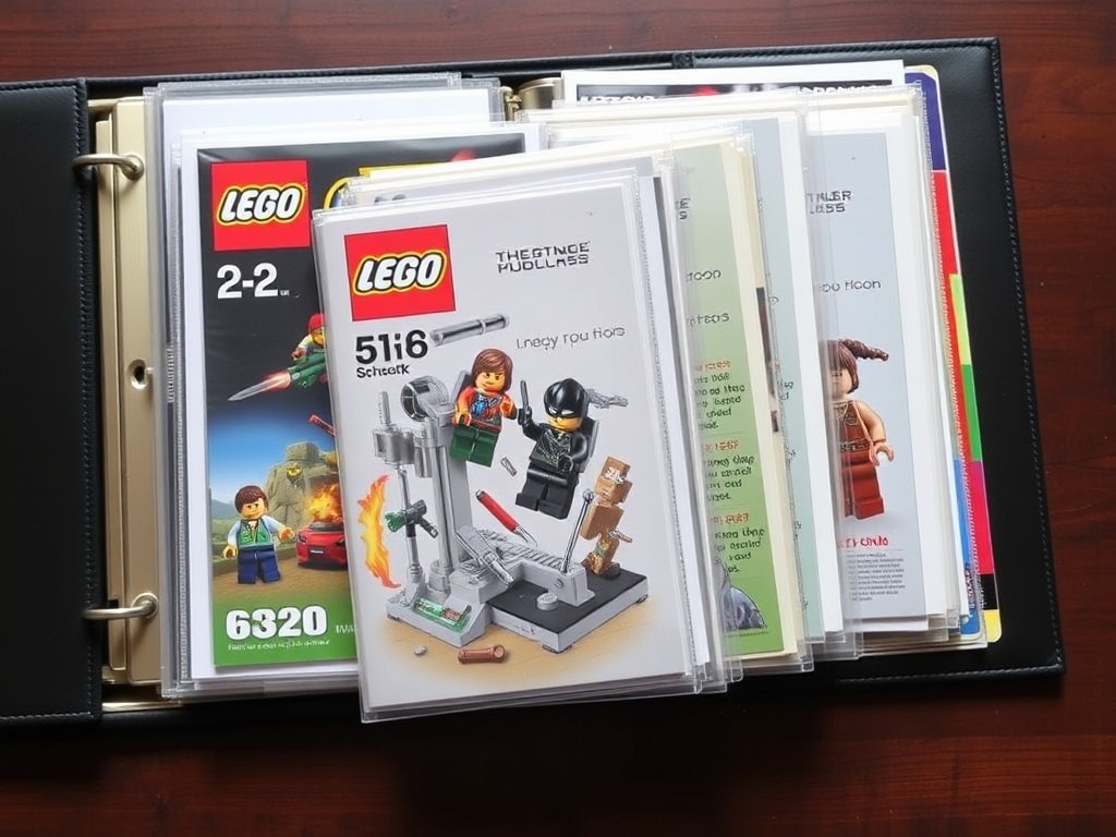 LEGO instruction booklets stored in protective sleeves inside a binder