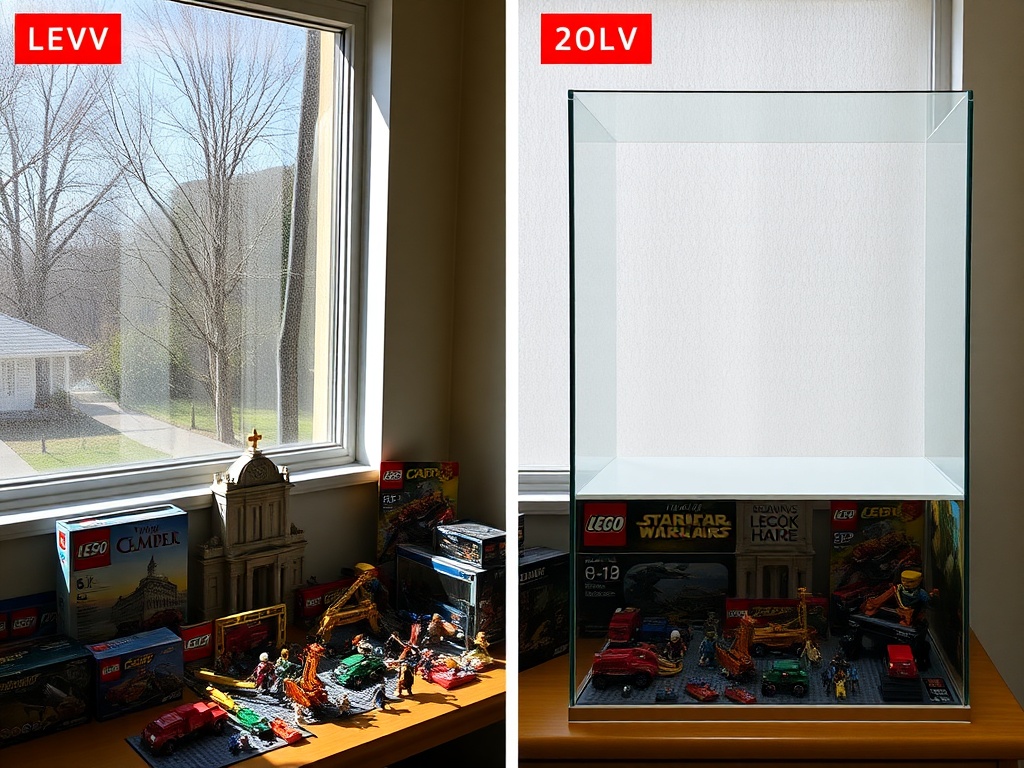 LEGO sets displayed near a window with sunlight versus protected behind UV-filtered glass cases showing color difference