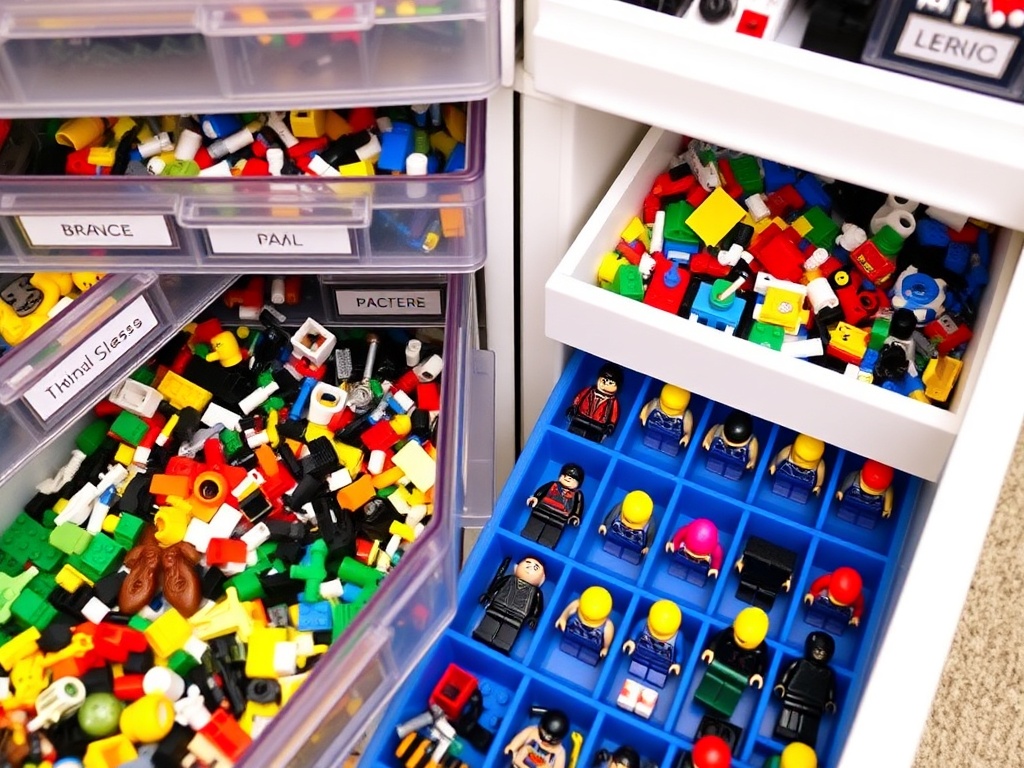 organized LEGO parts in labeled drawers and minifigures in individual compartments