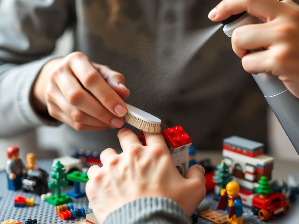 person gently cleaning LEGO set with soft brush and compressed air in a careful manner