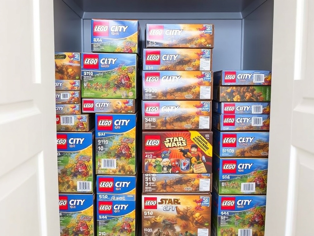 stacked LEGO boxes stored upright in protective sleeves inside a clean dry closet