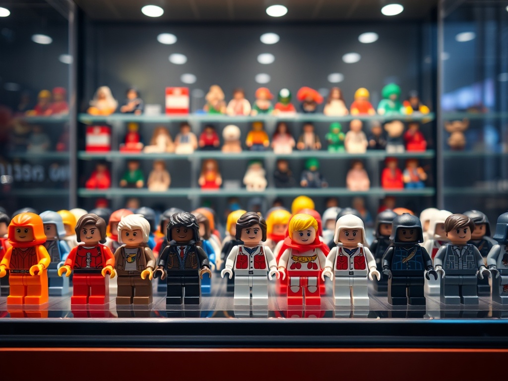 clean LEGO Minifigs displayed in a showcase with clear lighting