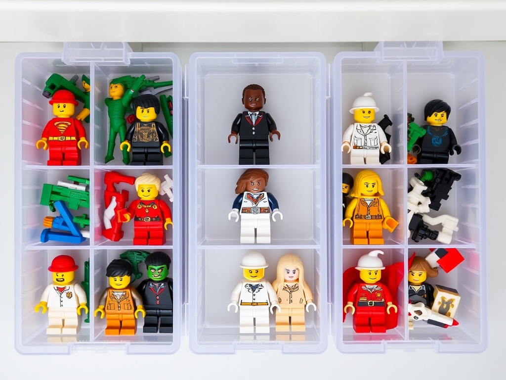 a neatly organized set of LEGO minifigs in protective storage boxes