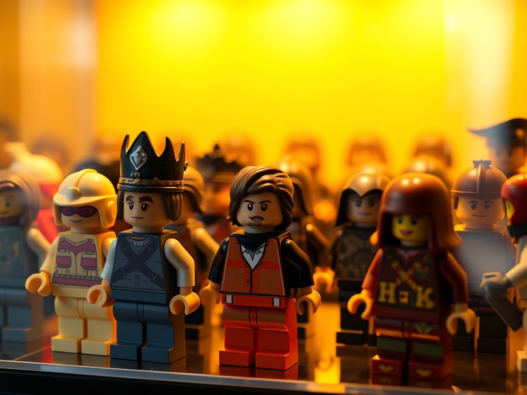 close-up of detailed minifigures arranged neatly inside a well-lit display case