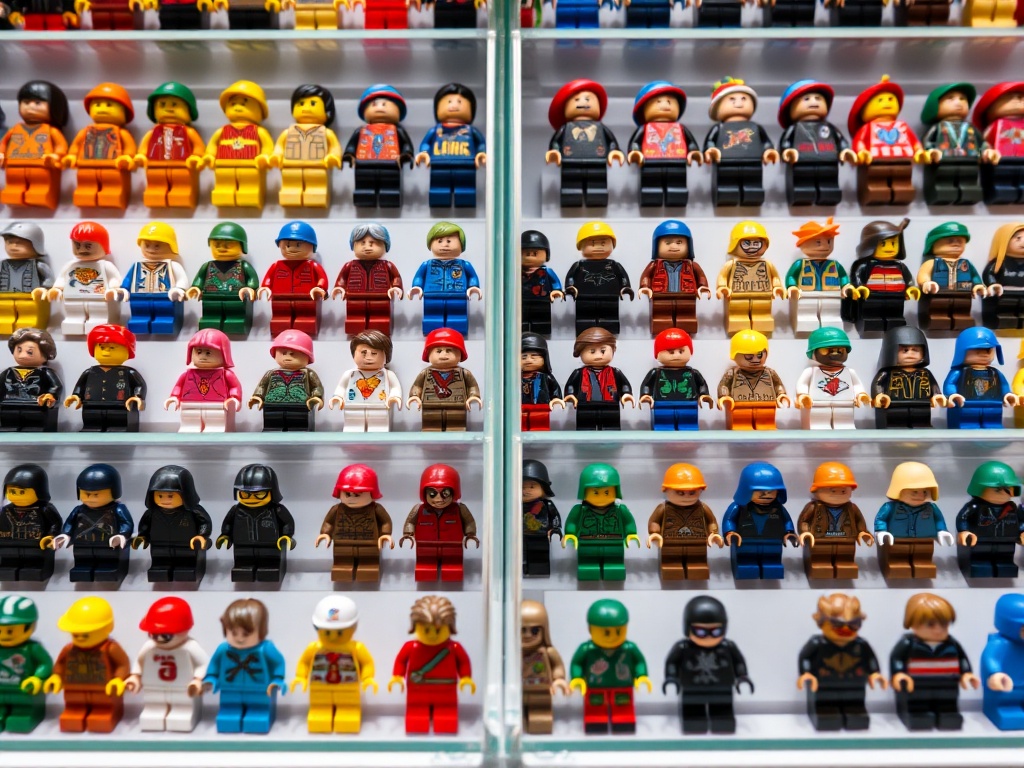 colorful display of neatly arranged LEGO minifigs in protective display cases