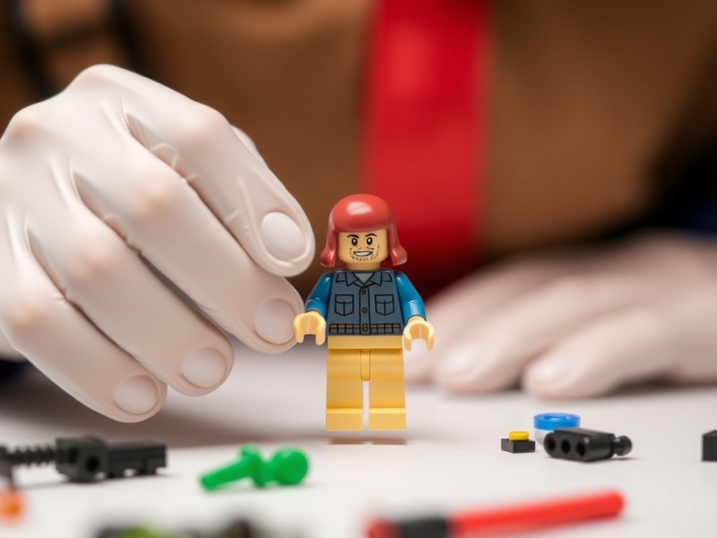 person wearing gloves carefully handling a LEGO minifigure