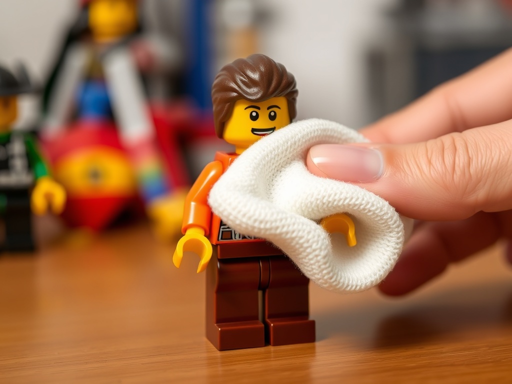 soft cloth gently cleaning a LEGO minifigure