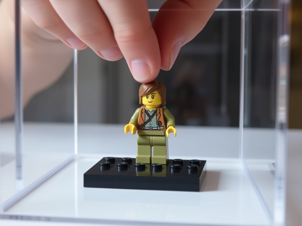 a collector carefully placing a LEGO minifigure onto a stud inside a dust-free display case