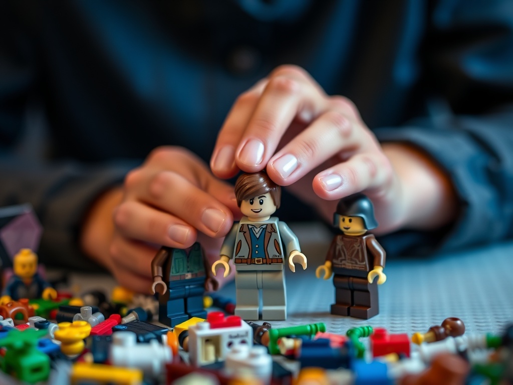 a collector handling LEGO minifigures carefully with minimal contact to preserve condition