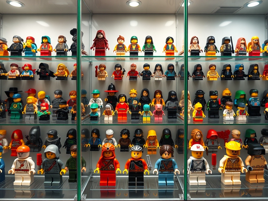 a pristine LEGO minifigure collection arranged neatly in enclosed display cases with soft lighting and no dust