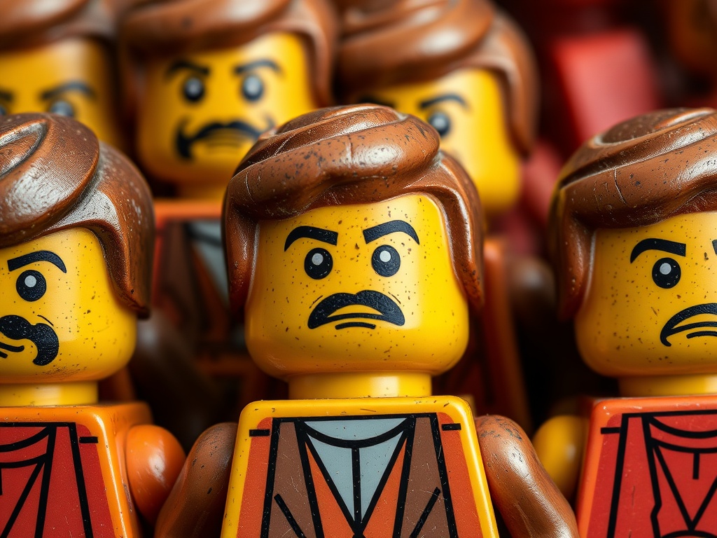 close-up of worn LEGO minifigures showing faded prints and scratches from poor storage