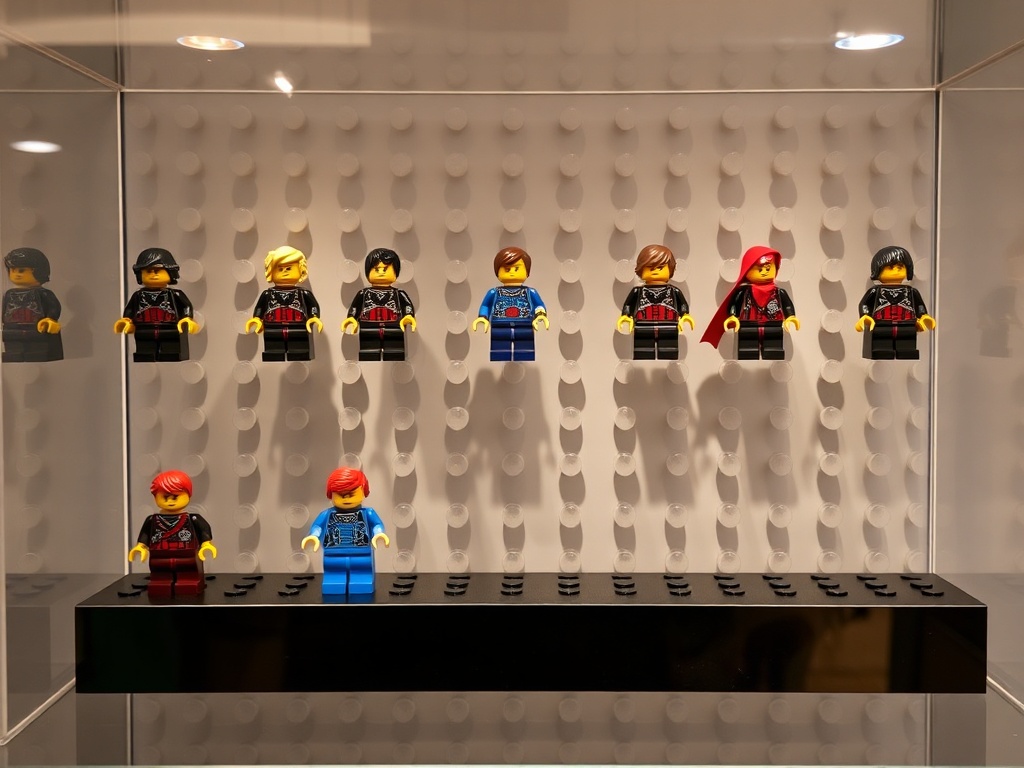LEGO minifigures mounted individually on studs inside a clean acrylic display case with even spacing