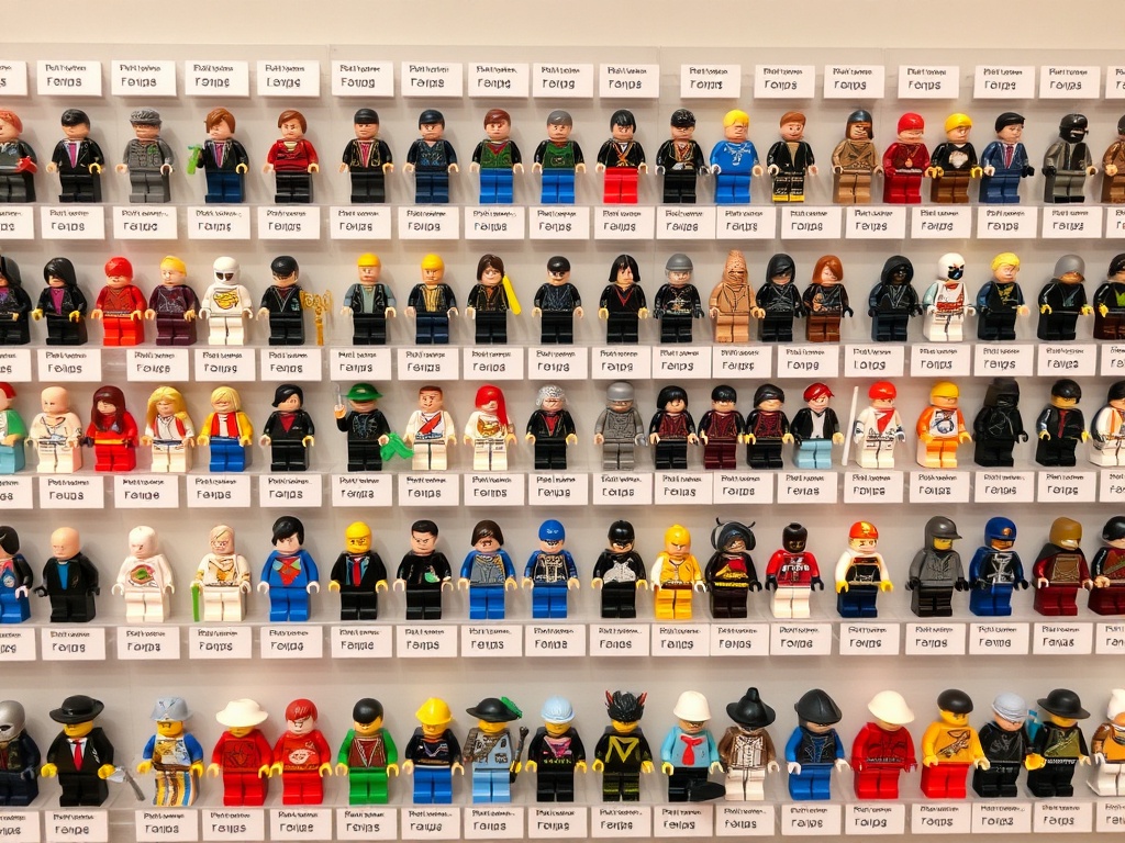 organized LEGO minifigure display with labeled sections and evenly spaced figures ready for photography